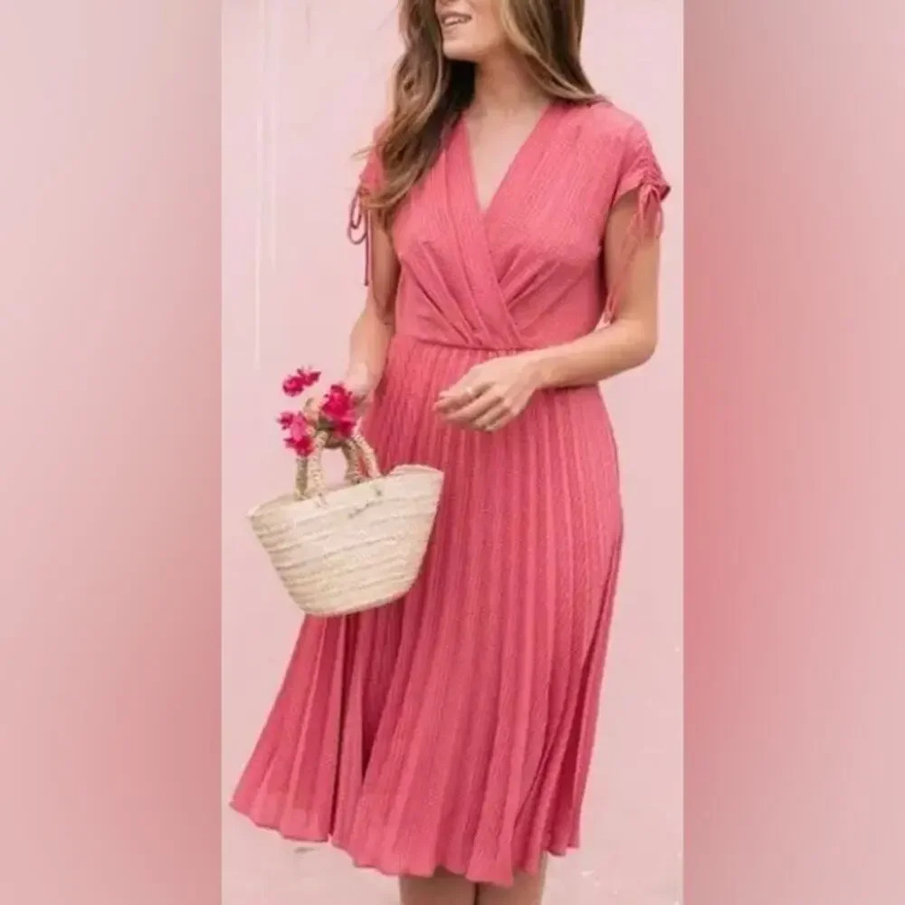Gal Meets Glam Angelica Pleated Midi Dress Dried Rose Pink Size 12
